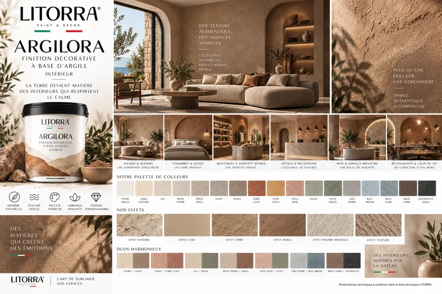 Planche ARGILORA : ambiances, lieux, palette de couleurs et finitions
