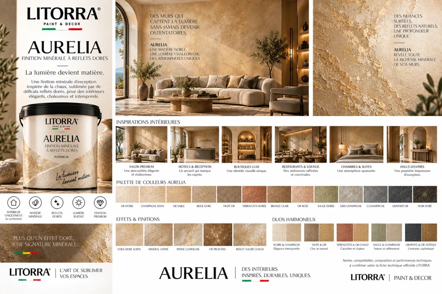 Planche AURELIA : ambiances, lieux, palette de couleurs et finitions