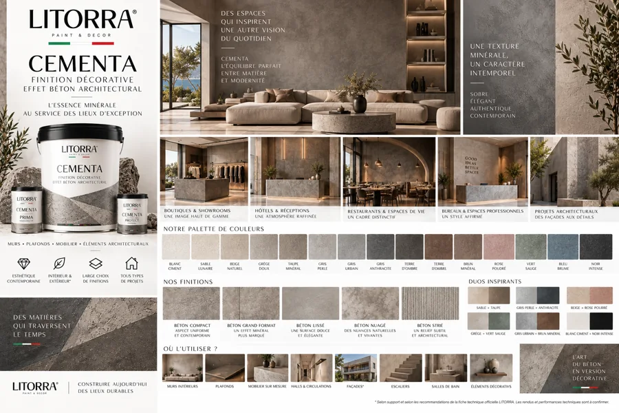 Planche CEMENTA : ambiances, lieux, palette de couleurs et finitions