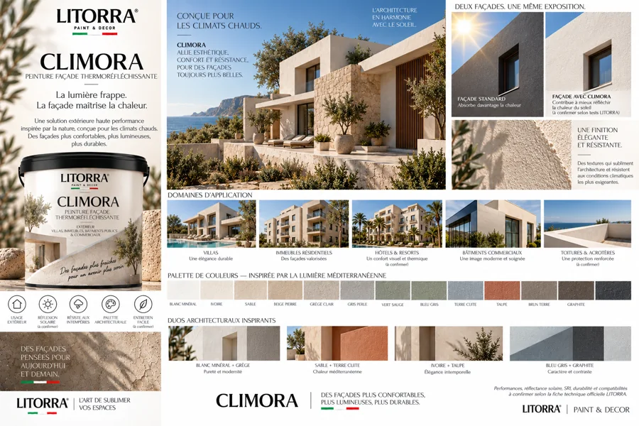 Planche CLIMORA : ambiances, lieux, palette de couleurs et finitions