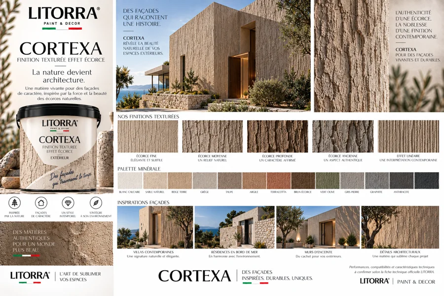Planche CORTEXA : ambiances, lieux, palette de couleurs et finitions