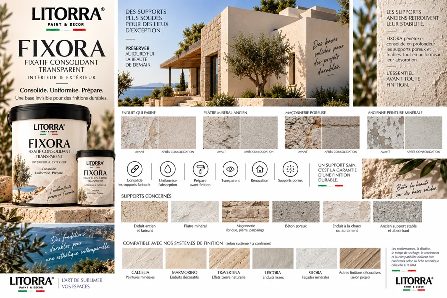 Planche FIXORA : ambiances, lieux, palette de couleurs et finitions