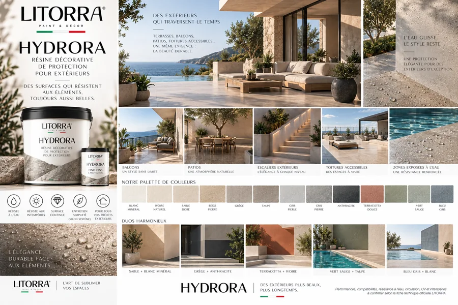 Planche HYDRORA : ambiances, lieux, palette de couleurs et finitions
