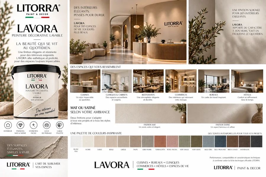 Planche LAVORA : ambiances, lieux, palette de couleurs et finitions