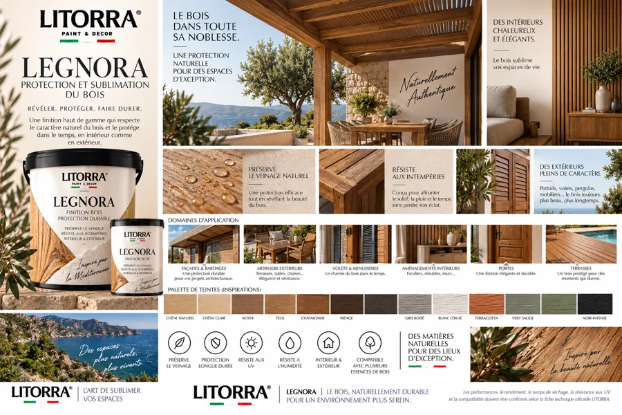 Planche LEGNORA : ambiances, lieux, palette de couleurs et finitions