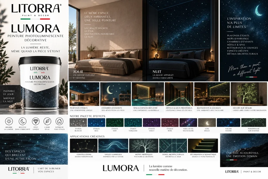 Planche LUMORA : ambiances, lieux, palette de couleurs et finitions