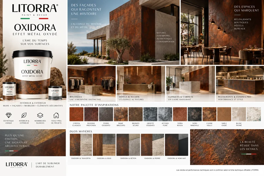 Planche OXIDORA : ambiances, lieux, palette de couleurs et finitions