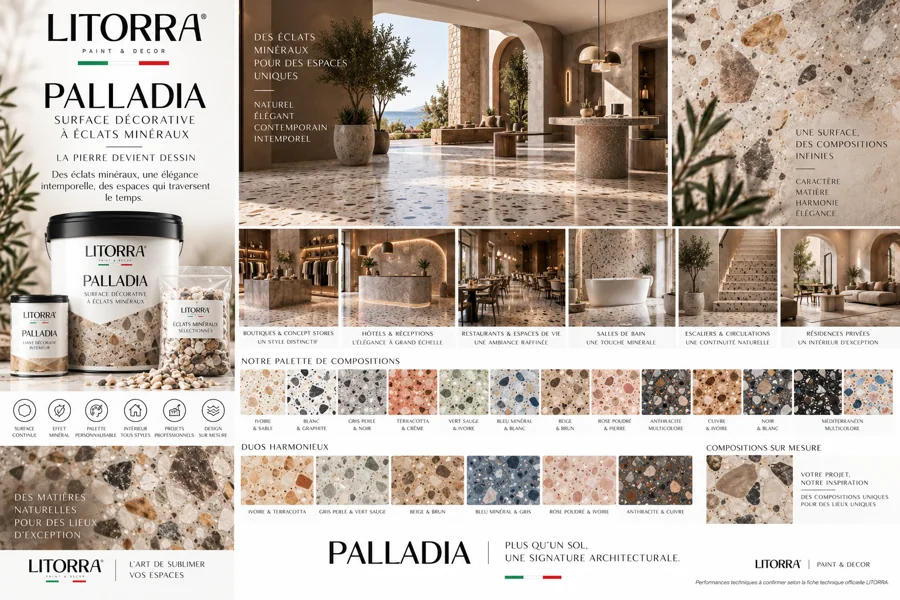 Planche PALLADIA : ambiances, lieux, palette de couleurs et finitions