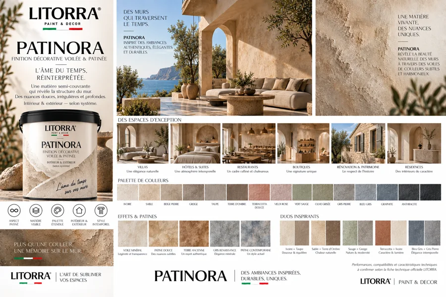Planche PATINORA : ambiances, lieux, palette de couleurs et finitions