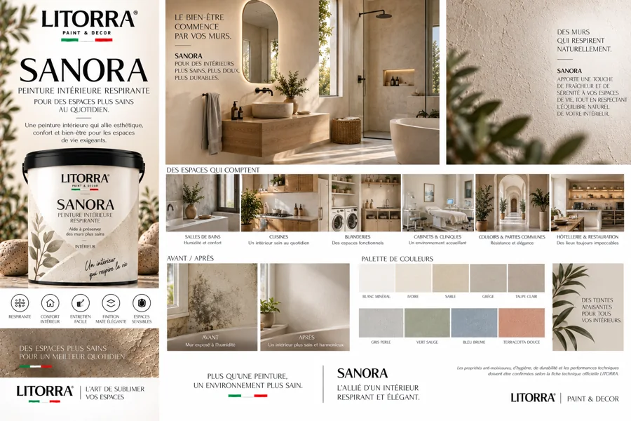 Planche SANORA : ambiances, lieux, palette de couleurs et finitions