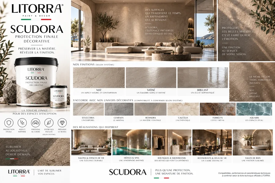 Planche SCUDORA : ambiances, lieux, palette de couleurs et finitions