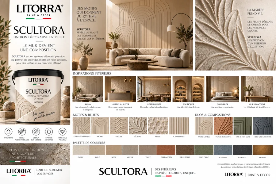 Planche SCULTORA : ambiances, lieux, palette de couleurs et finitions
