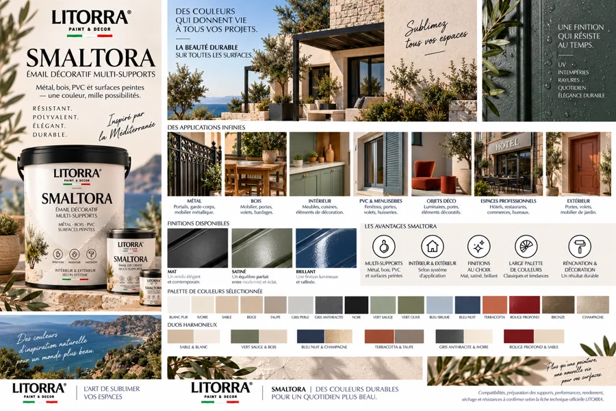 Planche SMALTORA : ambiances, lieux, palette de couleurs et finitions