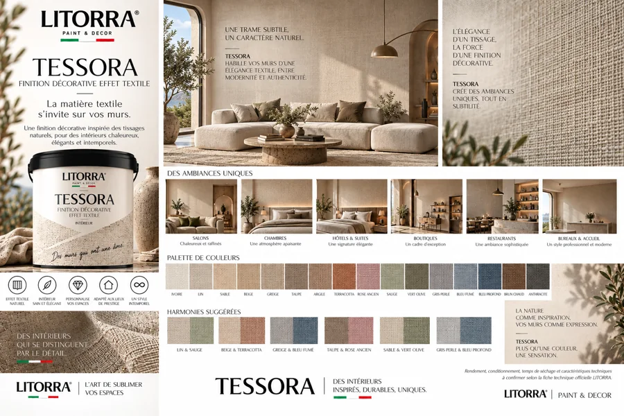 Planche TESSORA : ambiances, lieux, palette de couleurs et finitions