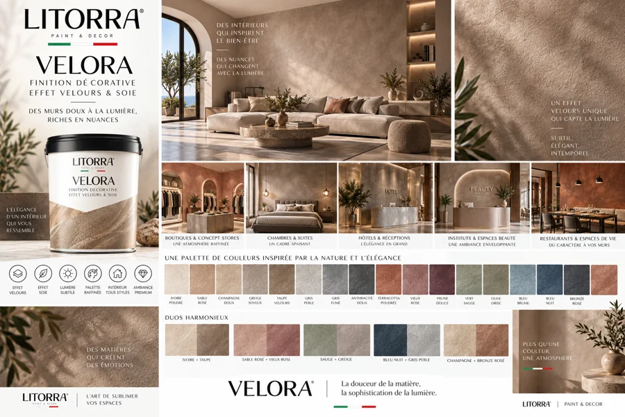 Planche VELORA : ambiances, lieux, palette de couleurs et finitions