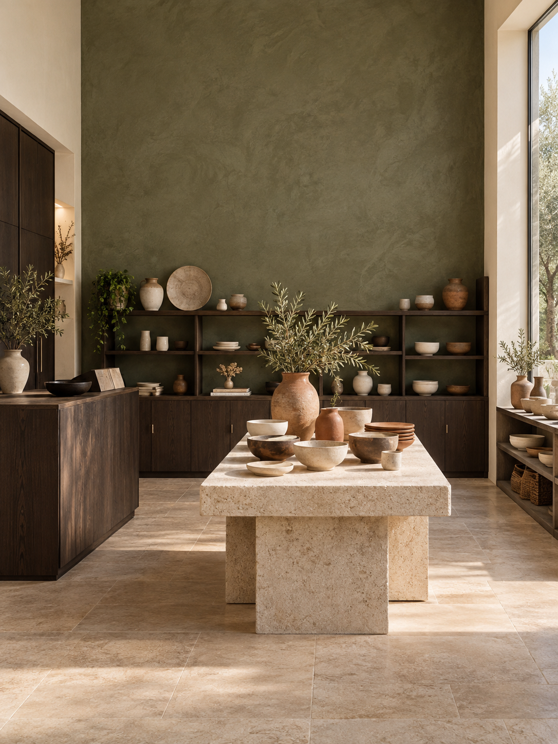 Boutique lumineuse au haut mur MARMORINO vert sauge nuagé, étagères en bois sombre, céramiques et table en pierre claire
