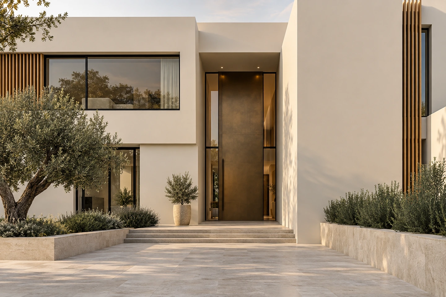 Villa contemporaine aux volumes ivoire lisses et à l’entrée bronze.
