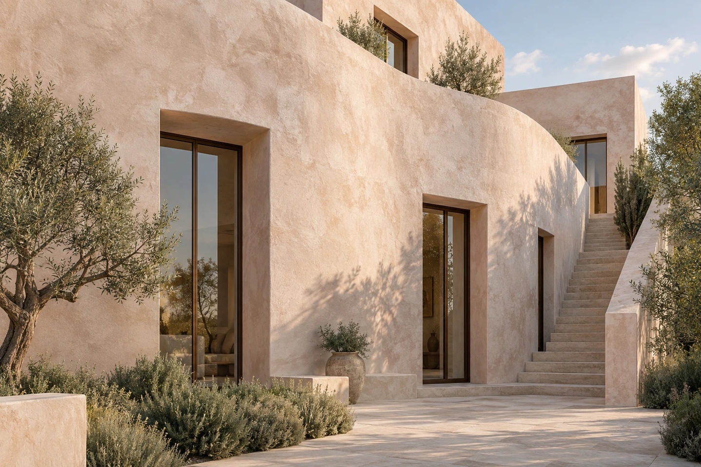 Façade contemporaine courbe aux nuances minérales rose clair.