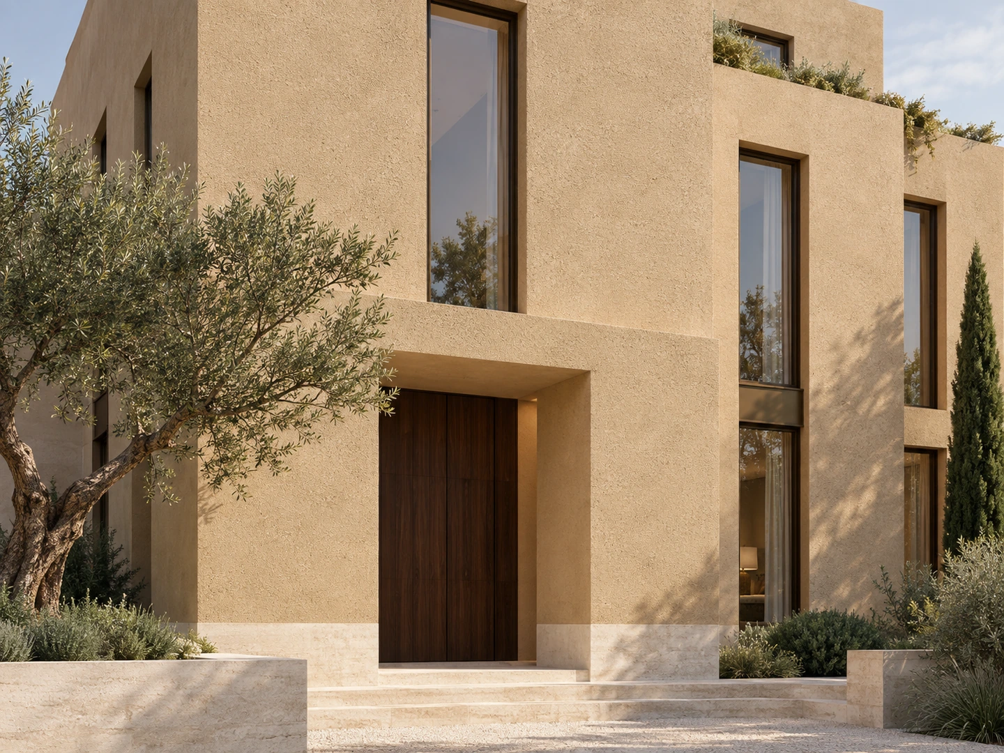 Façade contemporaine ocre sable aux volumes nets et à l’aspect enduit mat.
