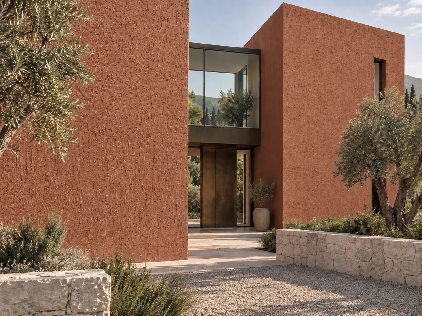 Volumes terracotta d’une villa contemporaine, façades au relief strié.