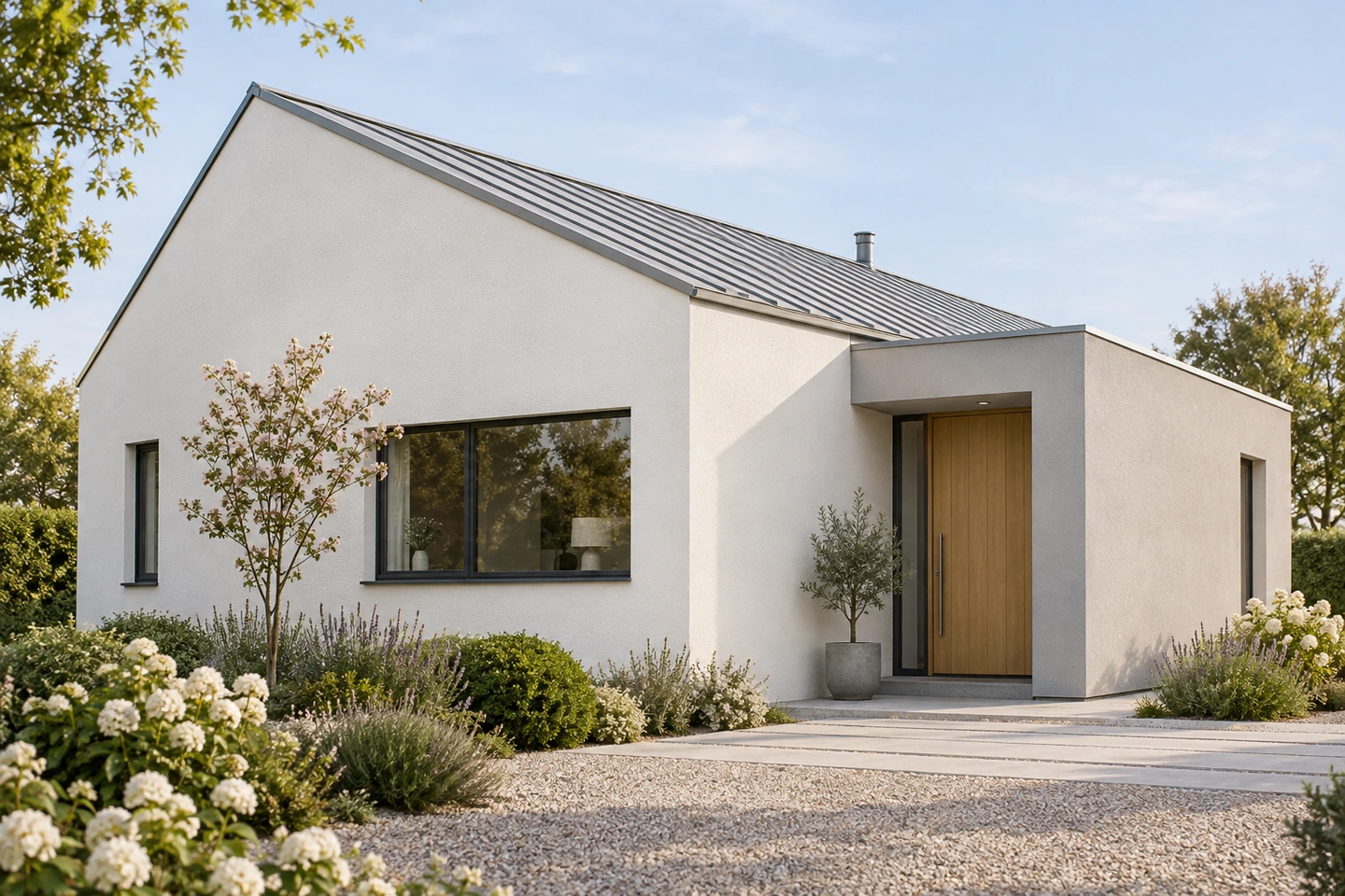 Maison blanc cassé au toit en zinc et volume d'entrée gris clair en CALCERA, jardin fleuri