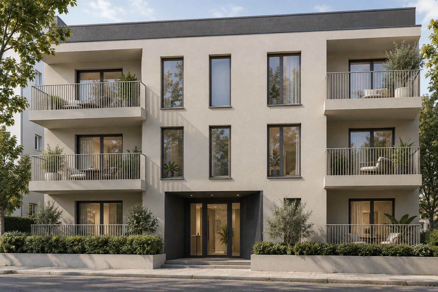 Résidence grège aux balcons clairs et entrée anthracite en CALCERA