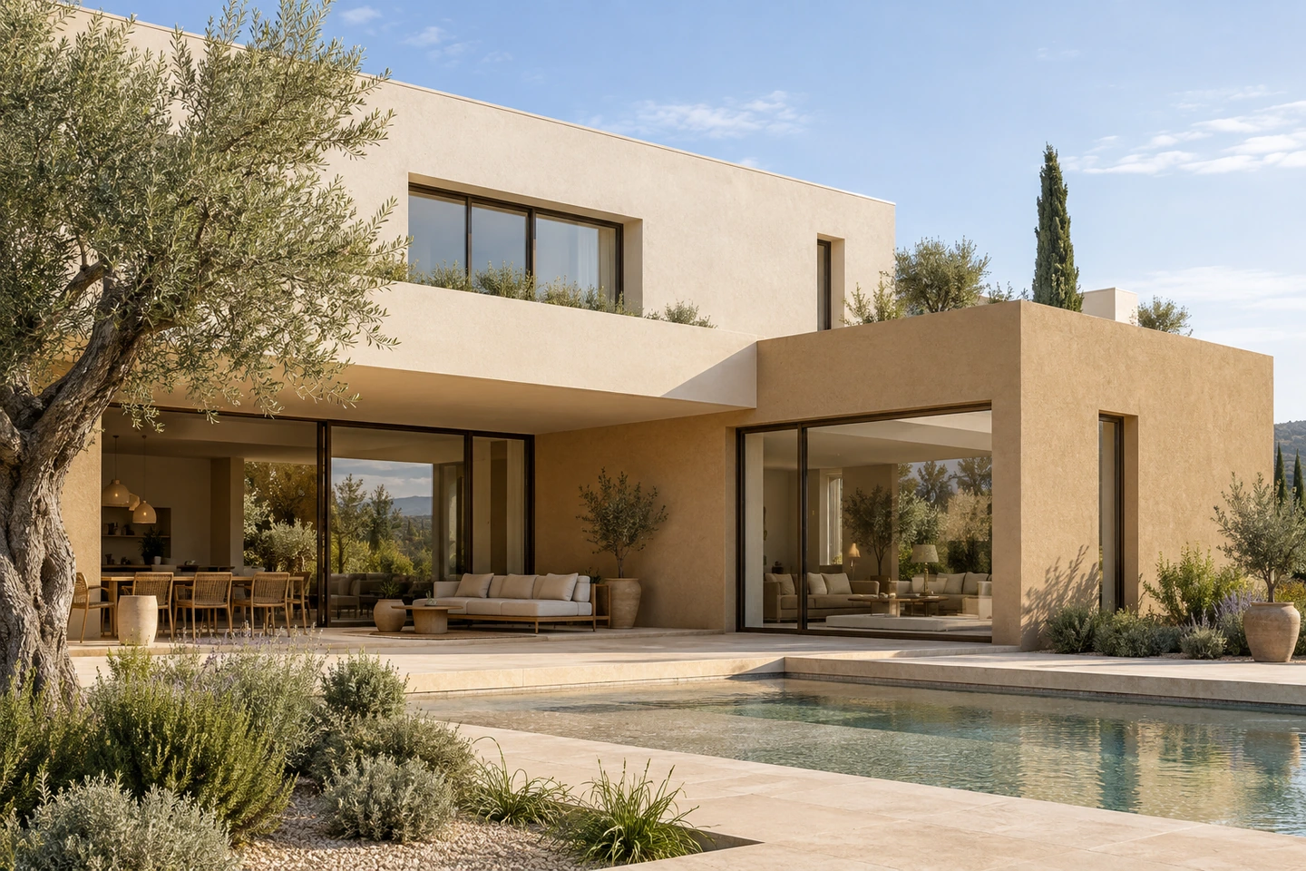 Villa contemporaine aux volumes ivoire et sable doré, olivier et piscine au premier plan