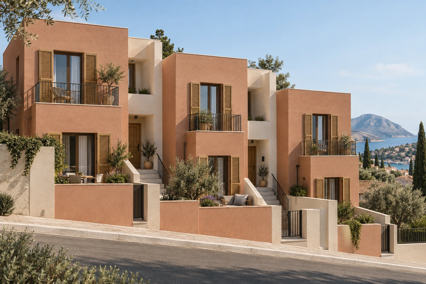 Maisons en terre cuite claire et crème en CALCERA, au-dessus d'une baie méditerranéenne