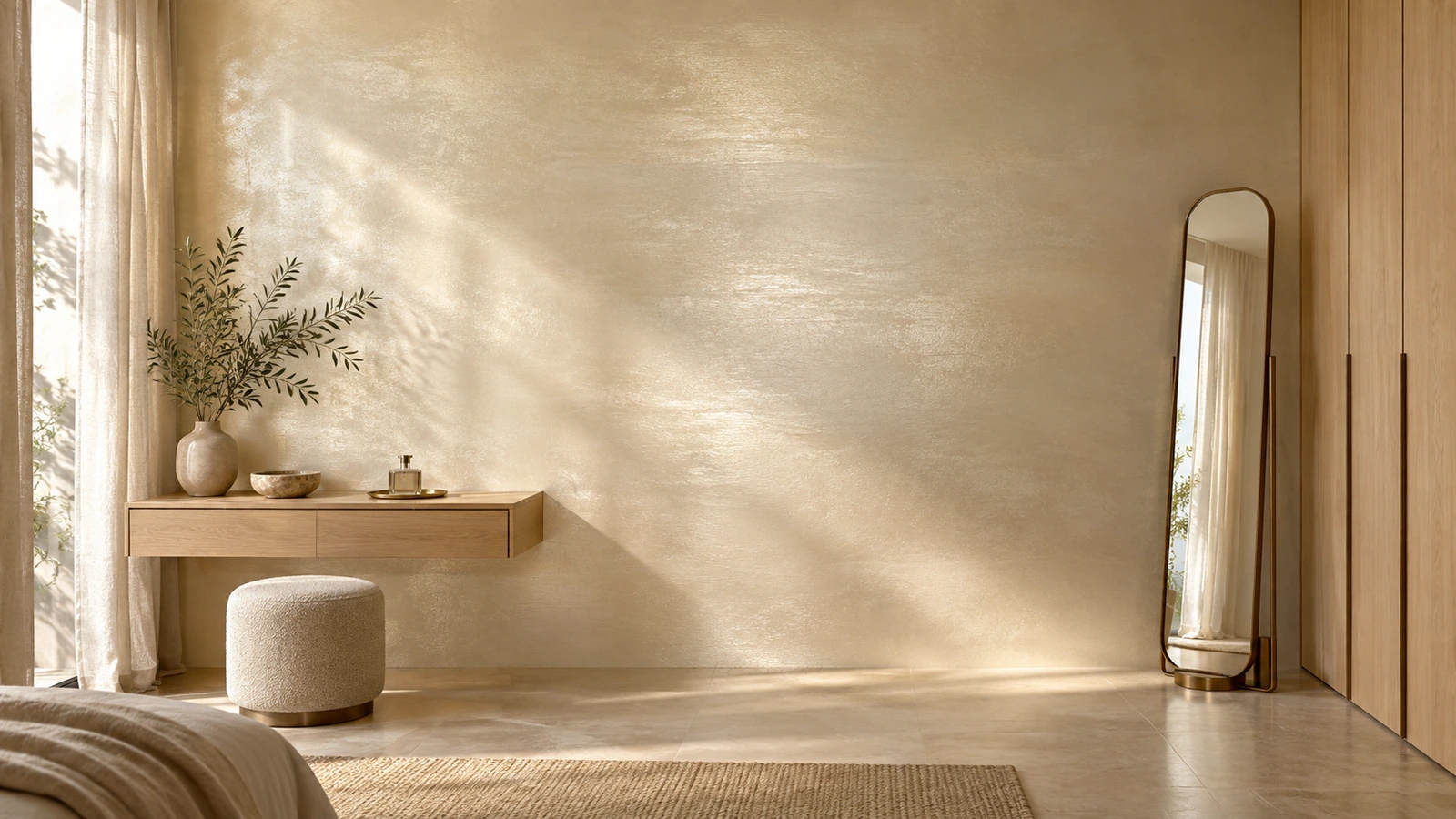 Chambre au mur champagne métallisé, console suspendue, pouf bouclé et miroir sur pied dans une lumière dorée