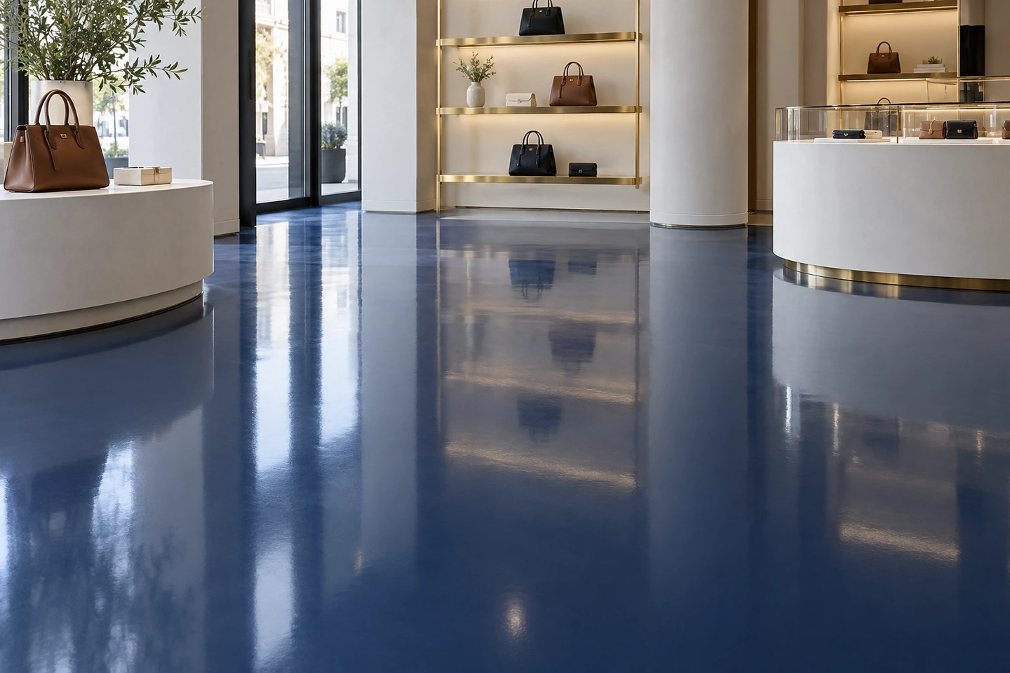 Boutique au sol bleu nuit, Systèmes époxy : unis, éclats, textures