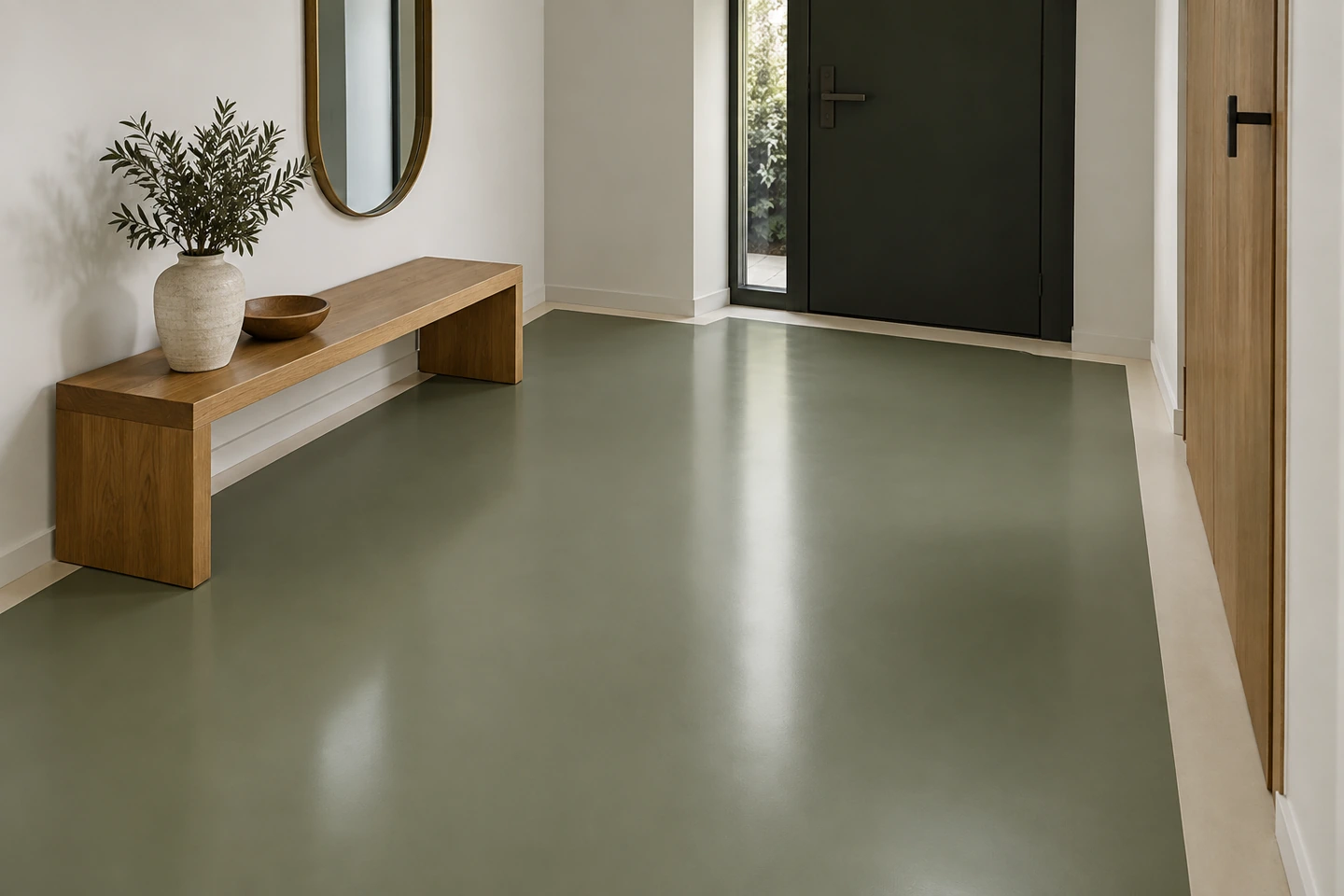 Entrée au sol RESINORA vert sauge bordé d'une ligne crème, banc en chêne et miroir ovale