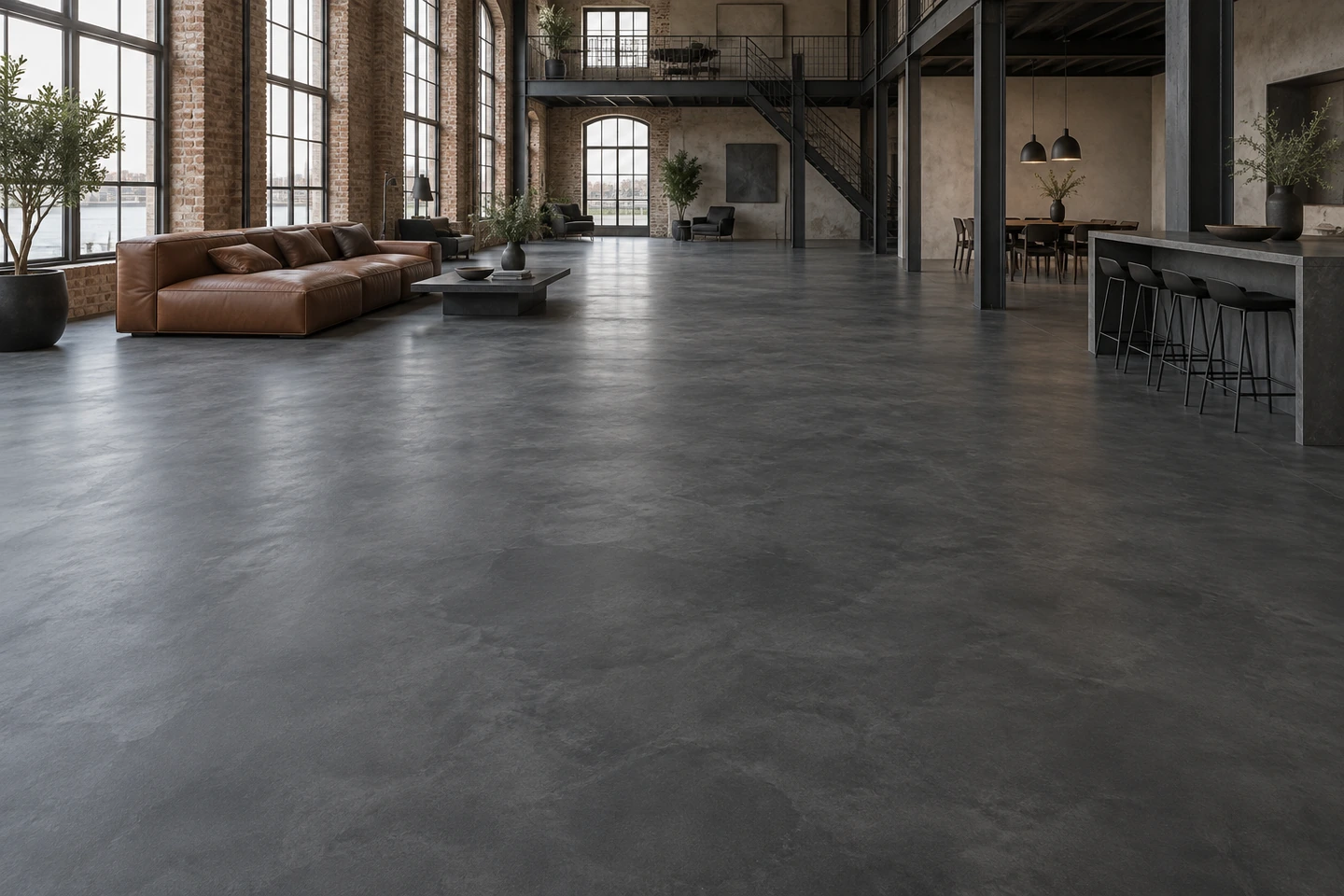 Loft aux murs de brique, sol CONTINORA anthracite mat, canapé en cuir cognac et mezzanine métallique