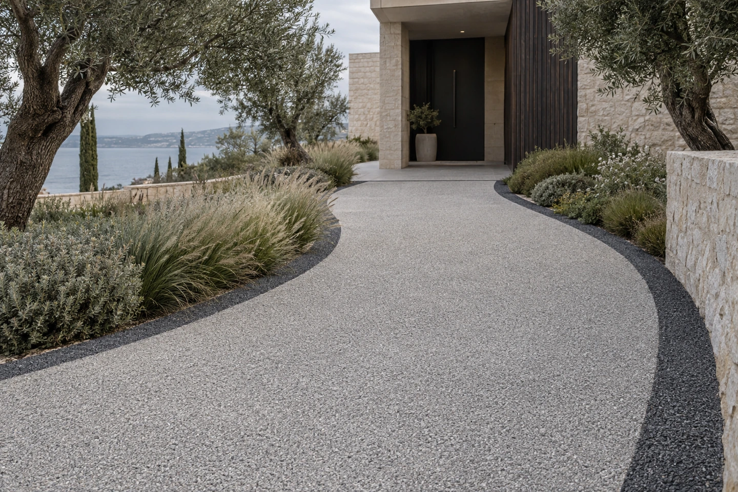 Allée courbe en granulat gris perle, soulignée de deux bordures anthracite dans un jardin.