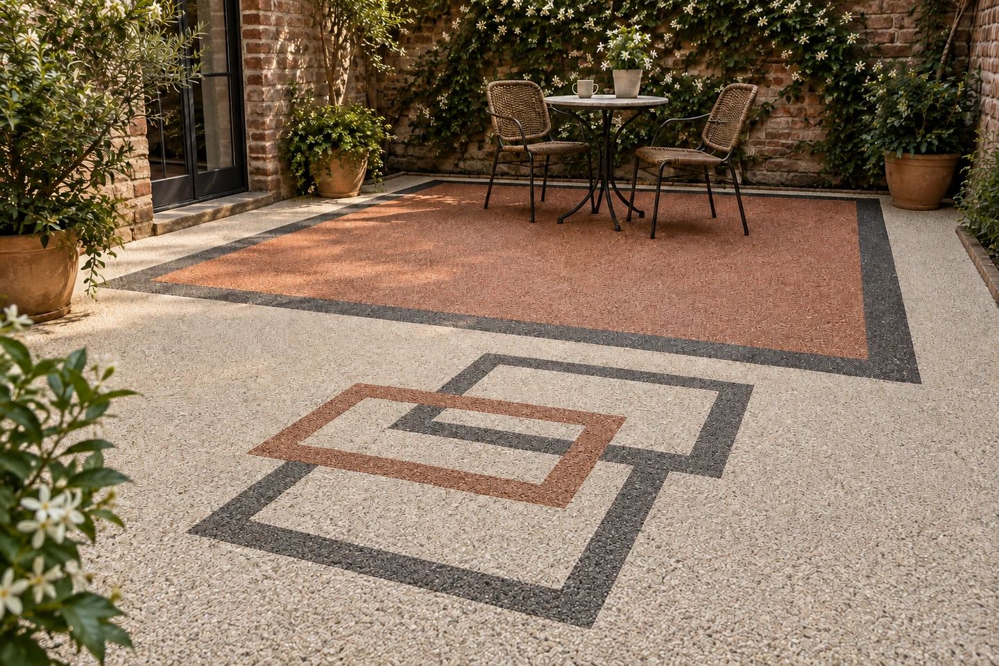 Patio en PIETRORA crème à rectangles entrelacés terre cuite et anthracite, table de bistrot et mur de brique