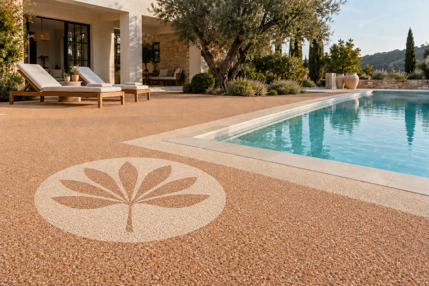 Abords de piscine en PIETRORA terre cuite avec un médaillon végétal crème, transats et oliviers