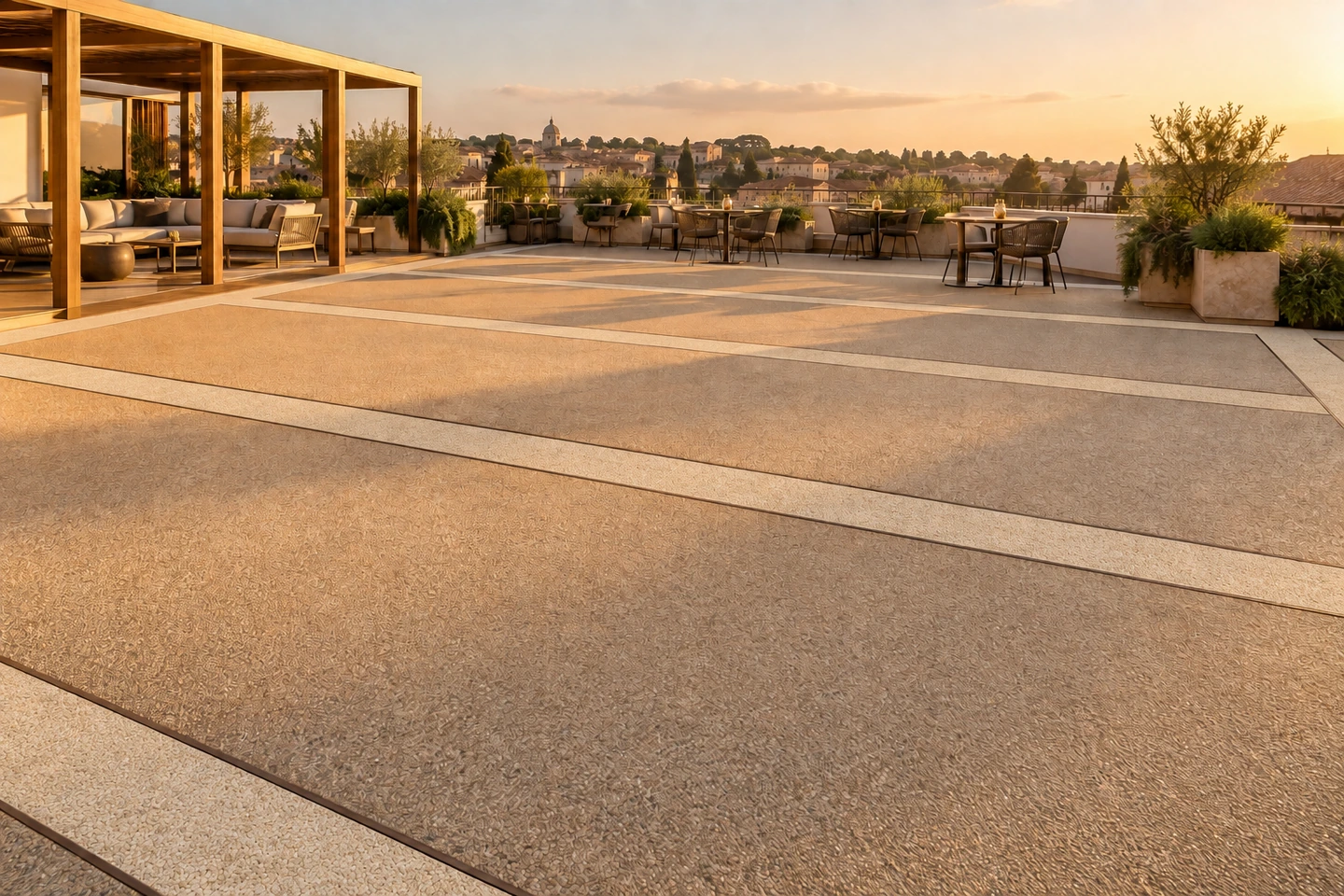 Grande terrasse au coucher du soleil, sol PIETRORA sable doré rythmé de bandes crème, pergola en bois