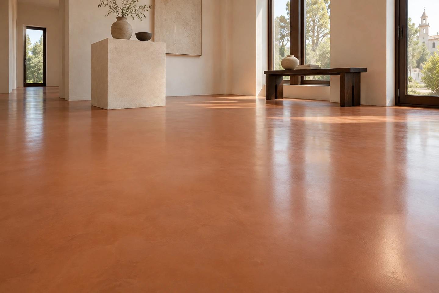 Galerie terracotta satinée, Systèmes époxy : unis, éclats, textures