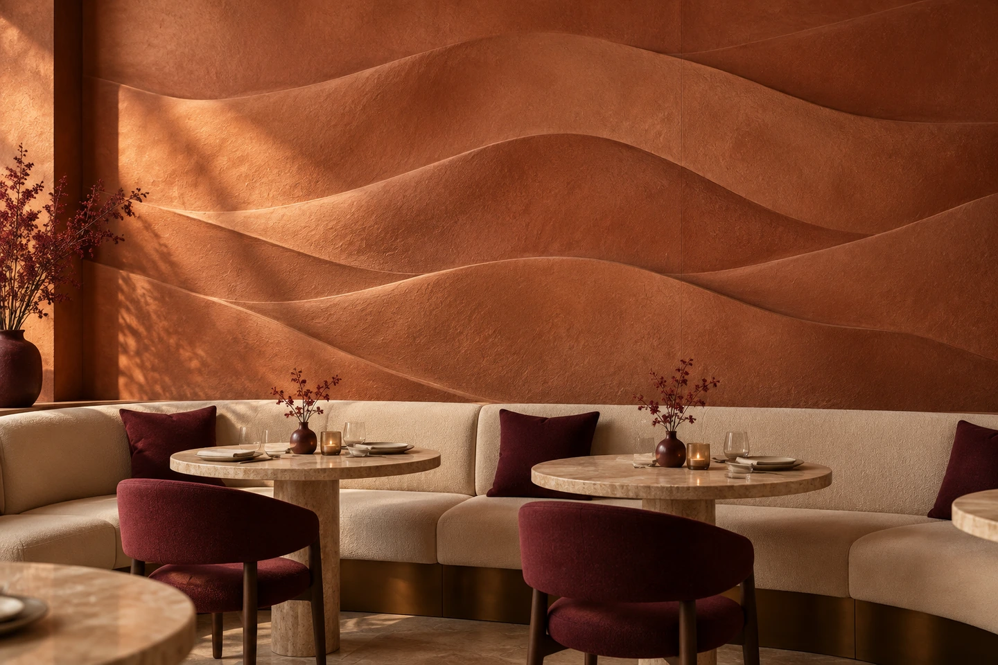 Exploration de vagues pour DUNA, alcôve de restaurant terre cuite — concept IA.