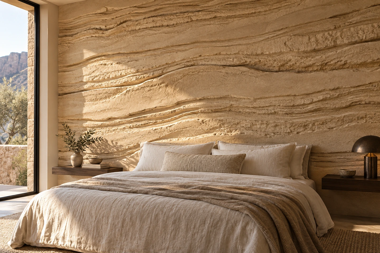 Exploration de strates pour PIETRA, chambre aux nuances sable — concept IA.