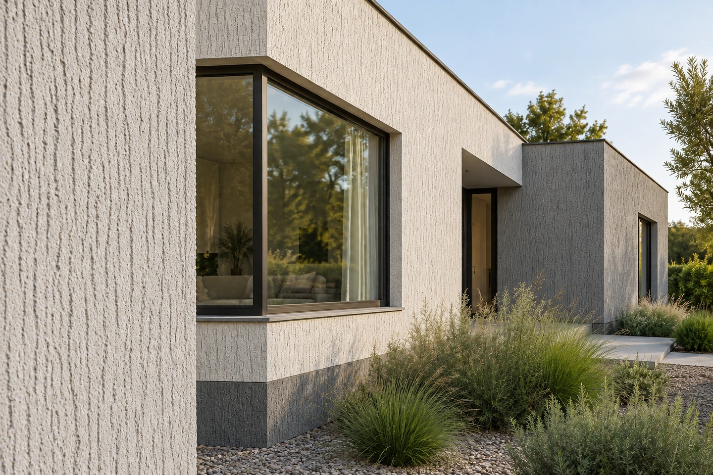 Maison contemporaine blanc minéral et gris pierre en GRAFFIORA, relief strié vertical