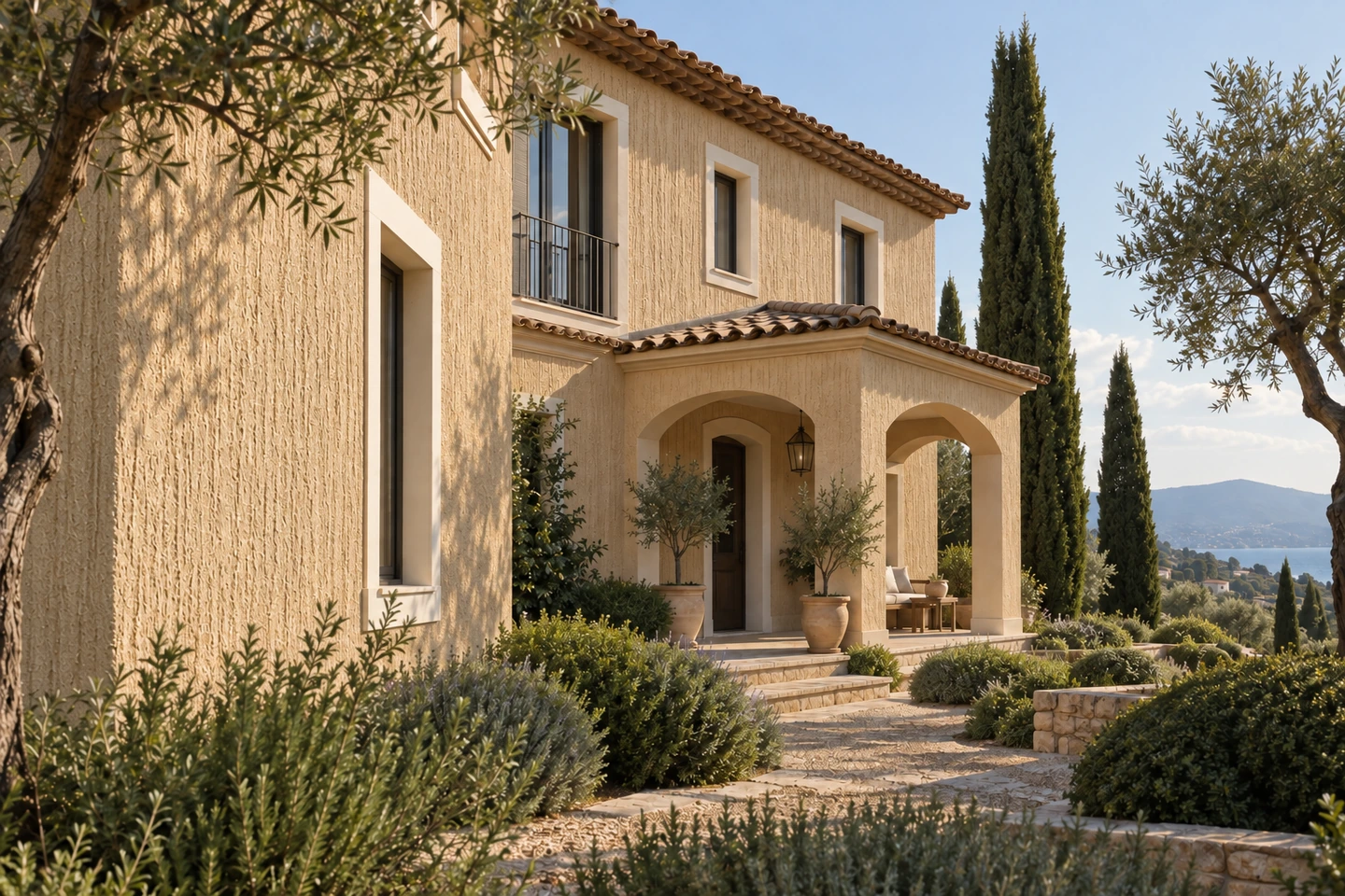 Villa méditerranéenne ivoire et sable en GRAFFIORA, relief griffé vertical, porche à arcades et vue sur la mer