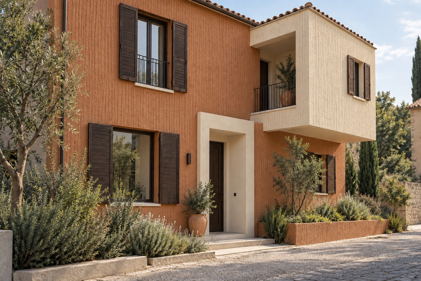 Maison terre cuite et volume crème en GRAFFIORA, volets bruns et jardin d'oliviers