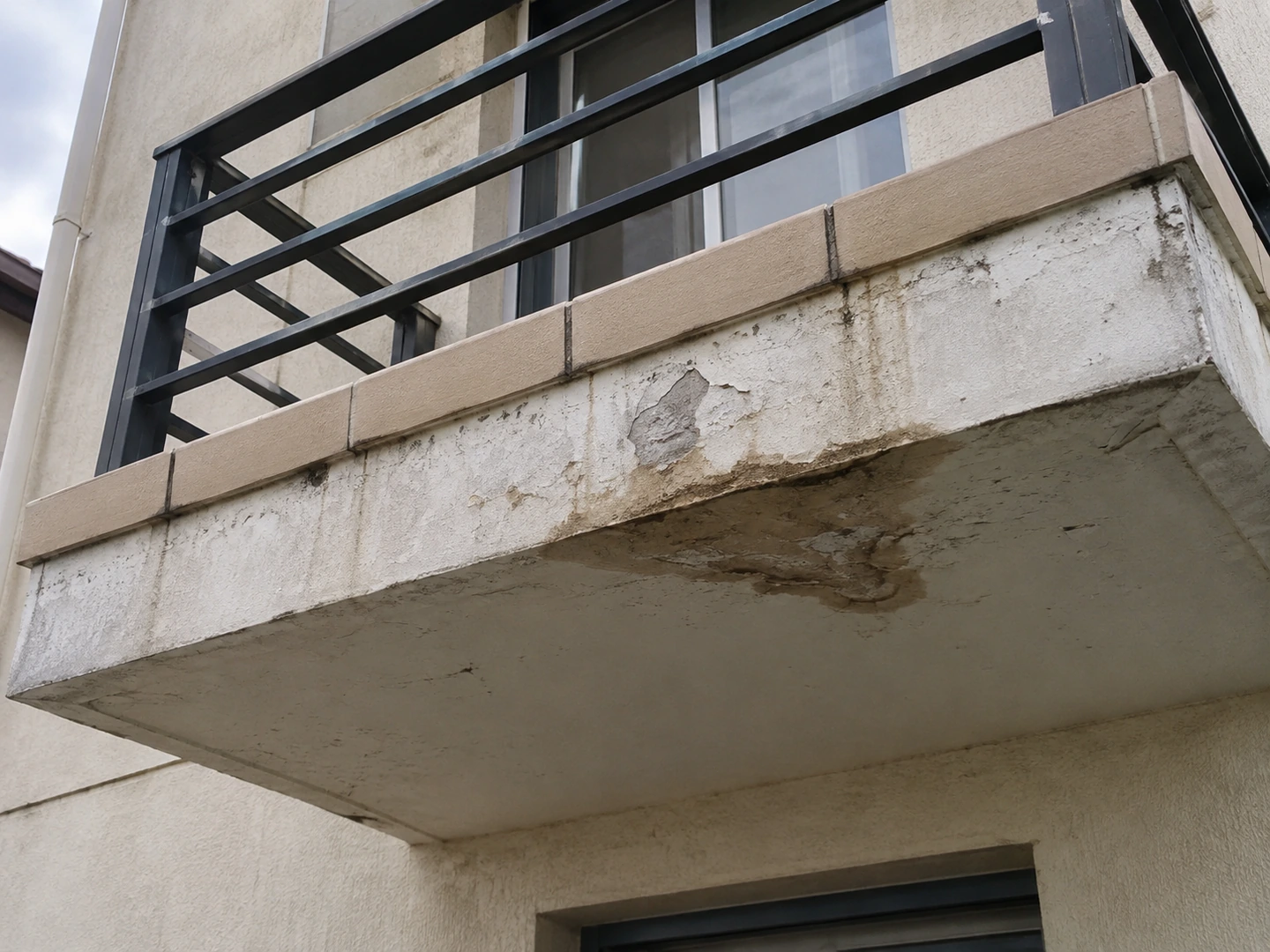 Sous-face de balcon marquée par des auréoles et des éclats d'enduit
