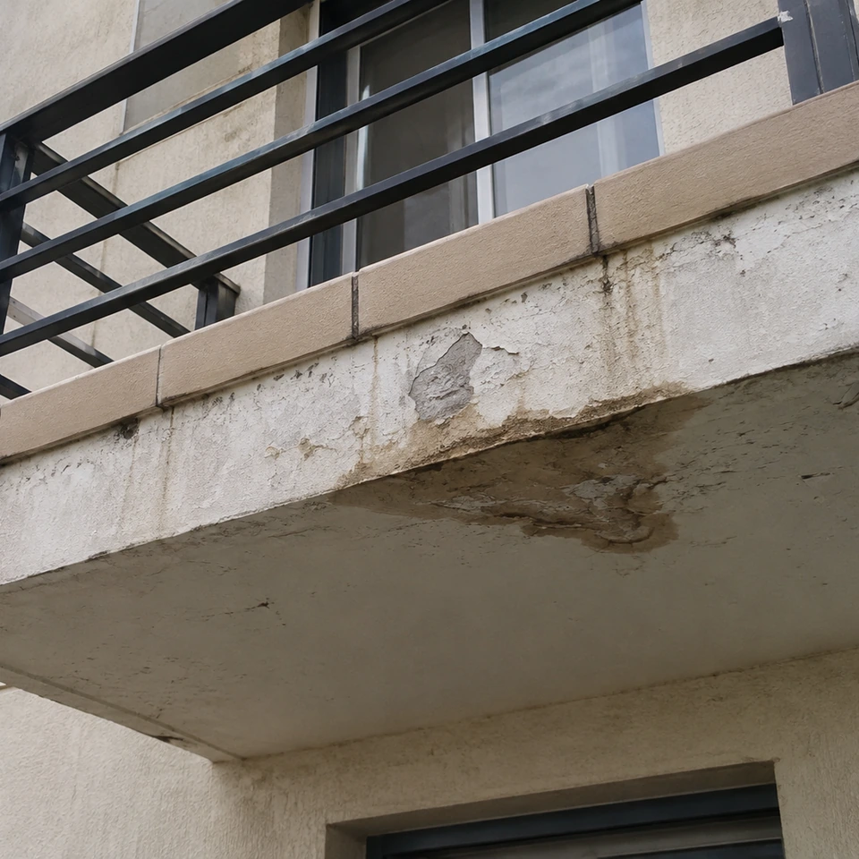 Auréoles et peinture écaillée en sous-face d’un balcon, près de la rive.