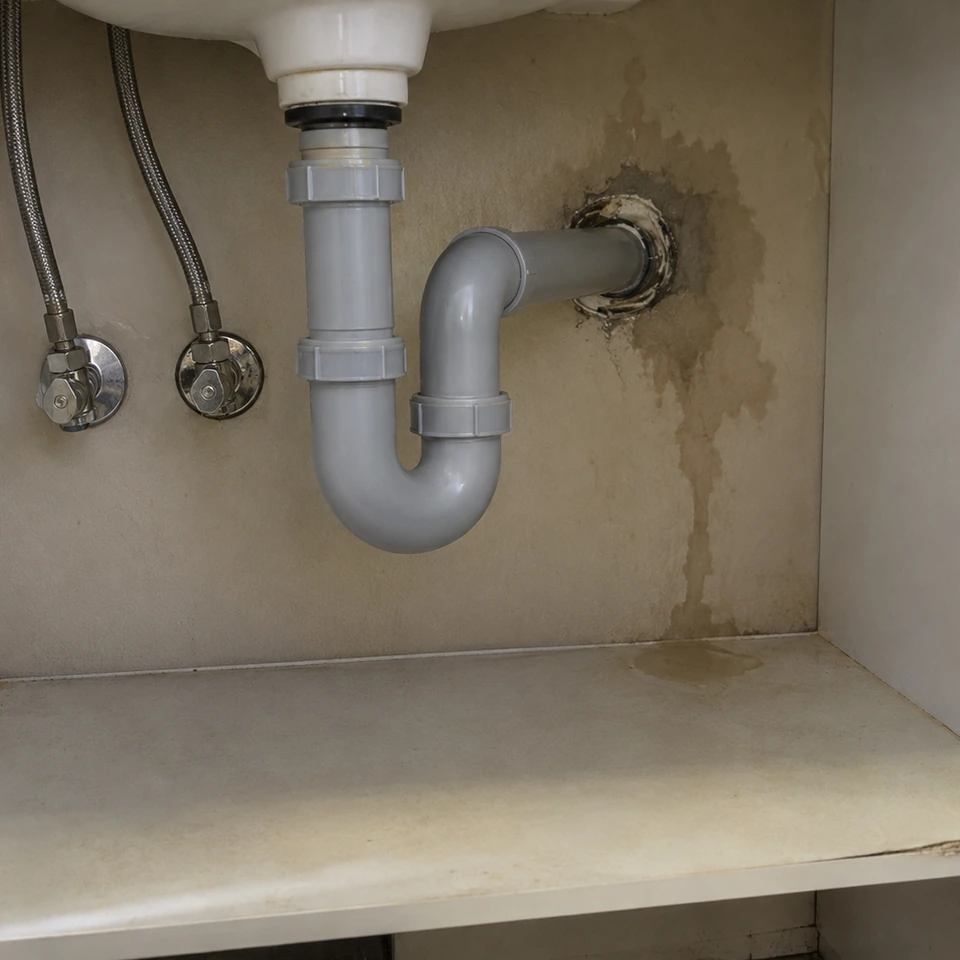 Tache localisée autour d’un passage de canalisation sous un lavabo.