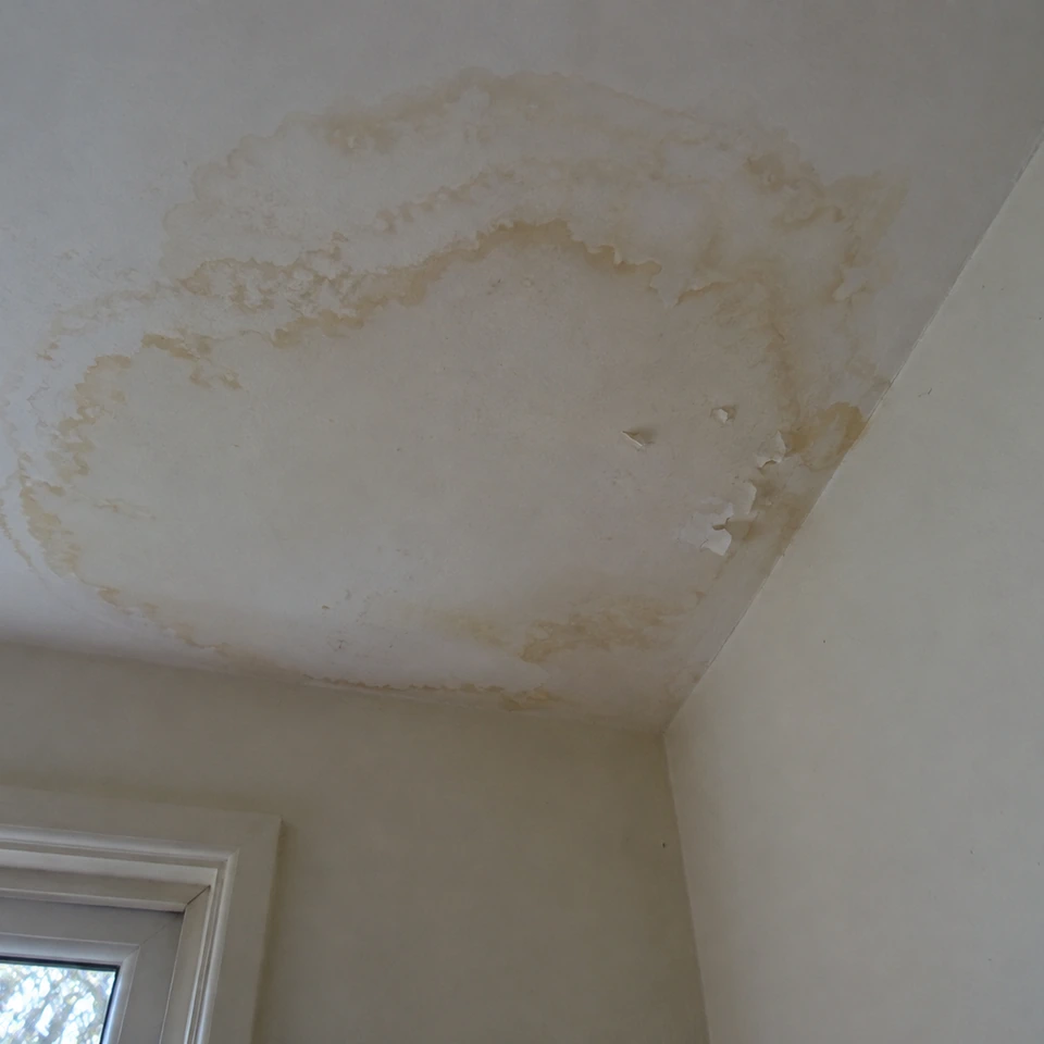 Auréoles brun clair et petites écailles de peinture au plafond, près d’un angle.
