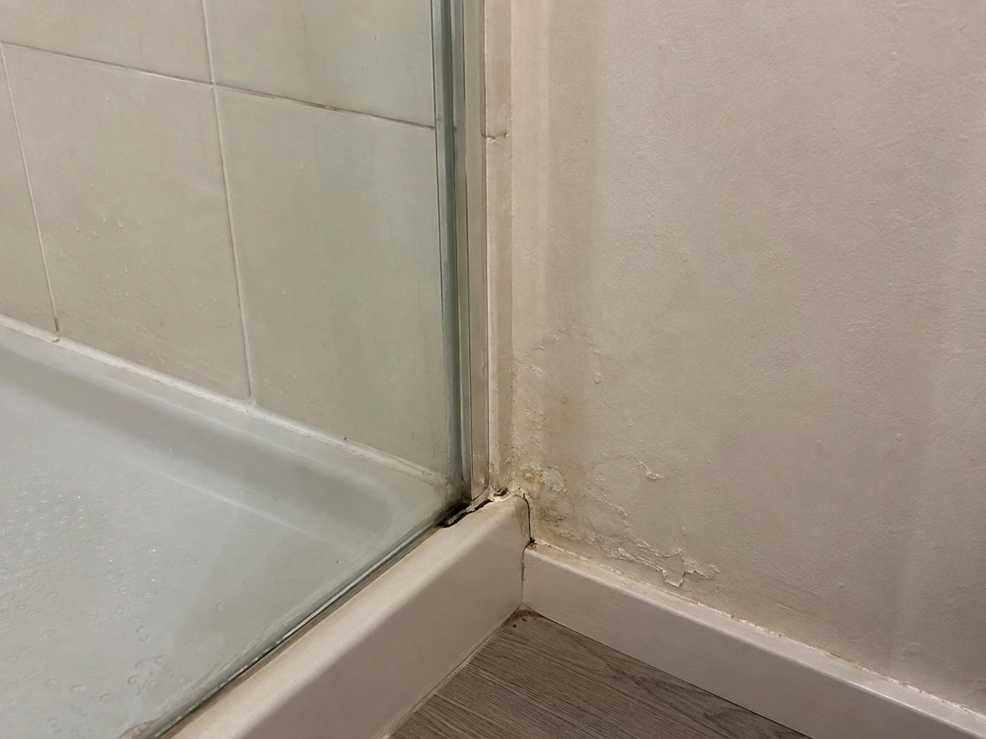 Traces et cloques de peinture au pied d'une paroi de douche, près du receveur