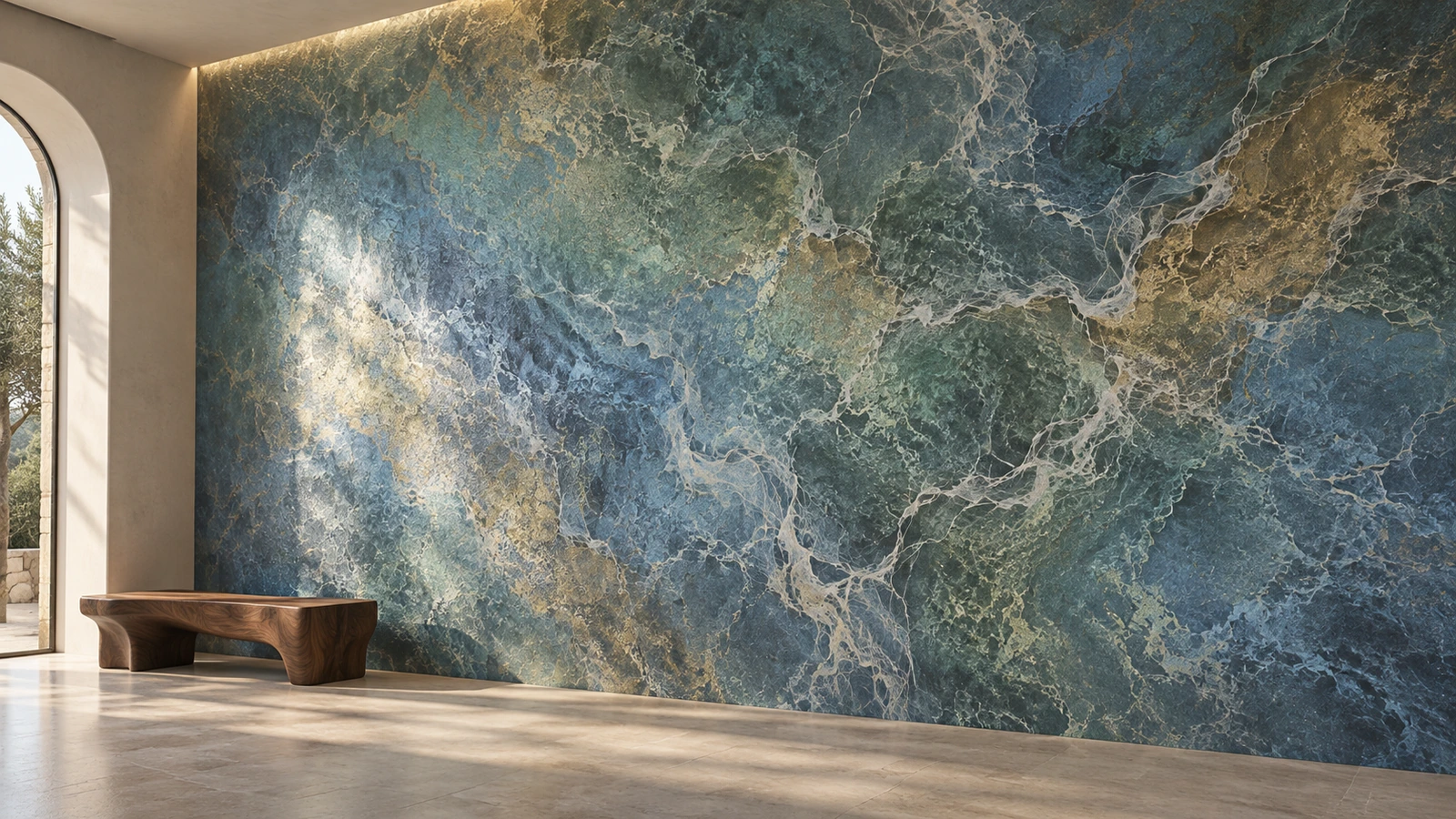 IRISORA, bleu-vert-or irisé, filaments clairs: vue de grand salon galerie.