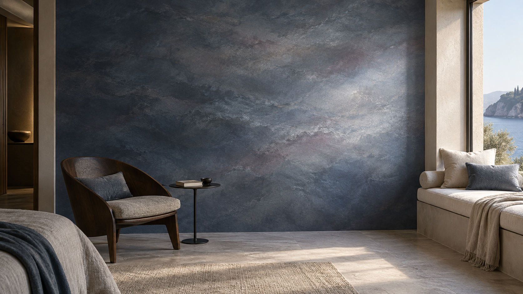 ONDALORA · Chambre et coin lecture, Nuages fondus, nuances bleu-gris, reflet diffus
