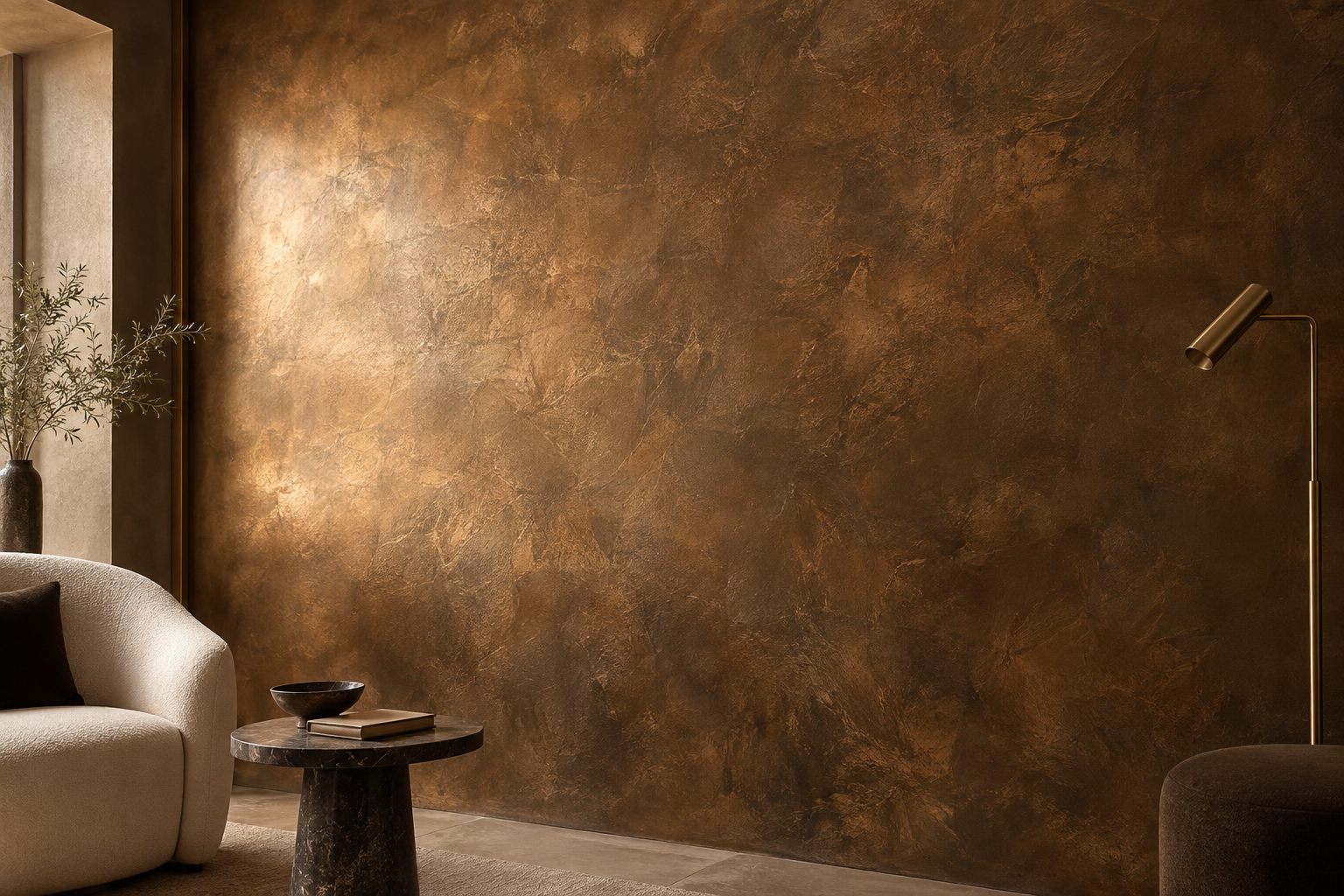 Salon feutré, mur FERRÉLYS bronze cuivré aux reflets chauds, fauteuil bouclé et lampadaire en laiton